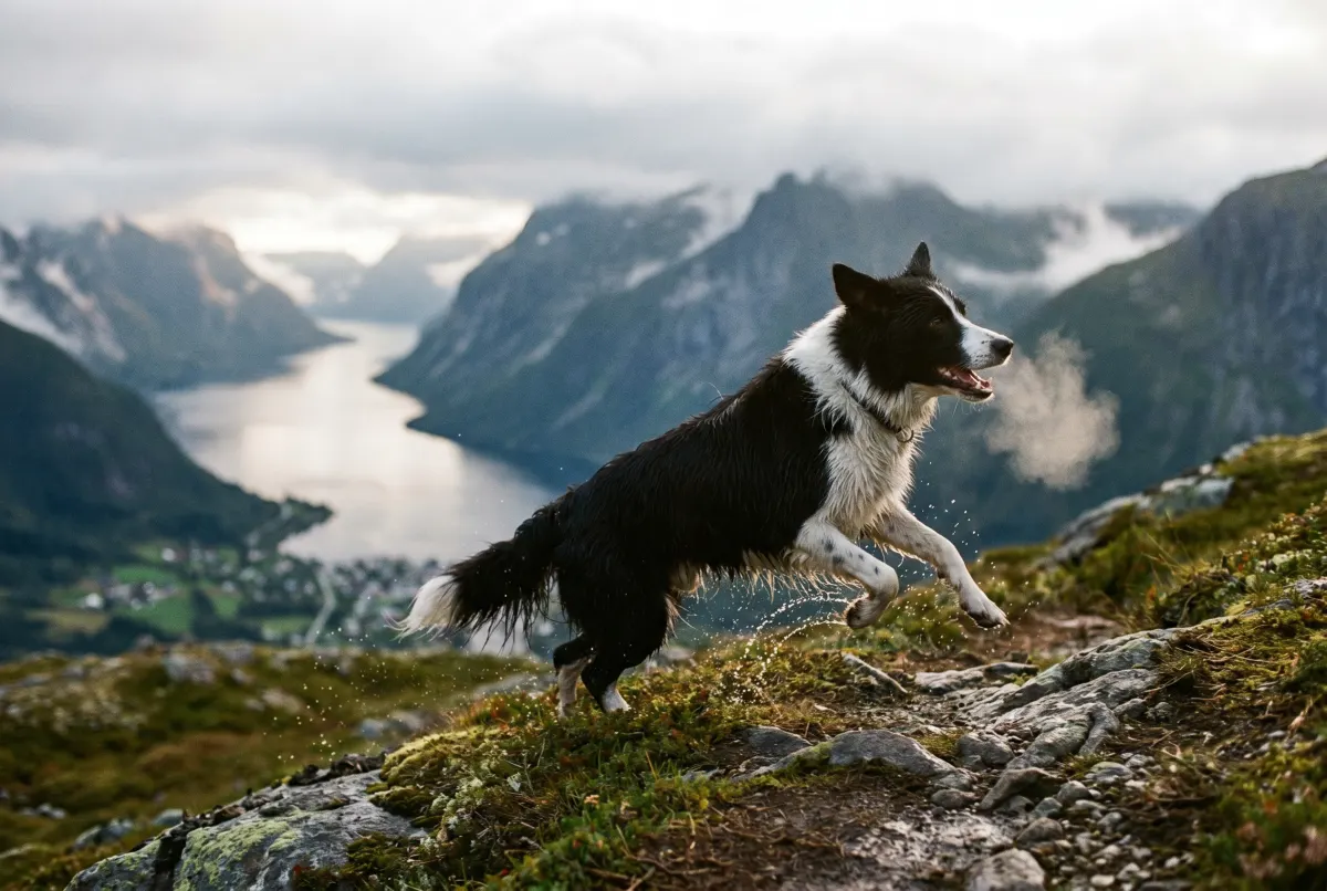 A dog running on a Norwegian mountain trail